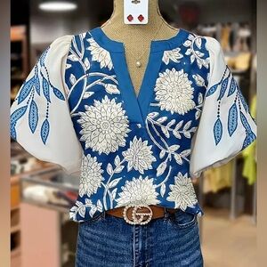 Floral Blue and White Women's Top
